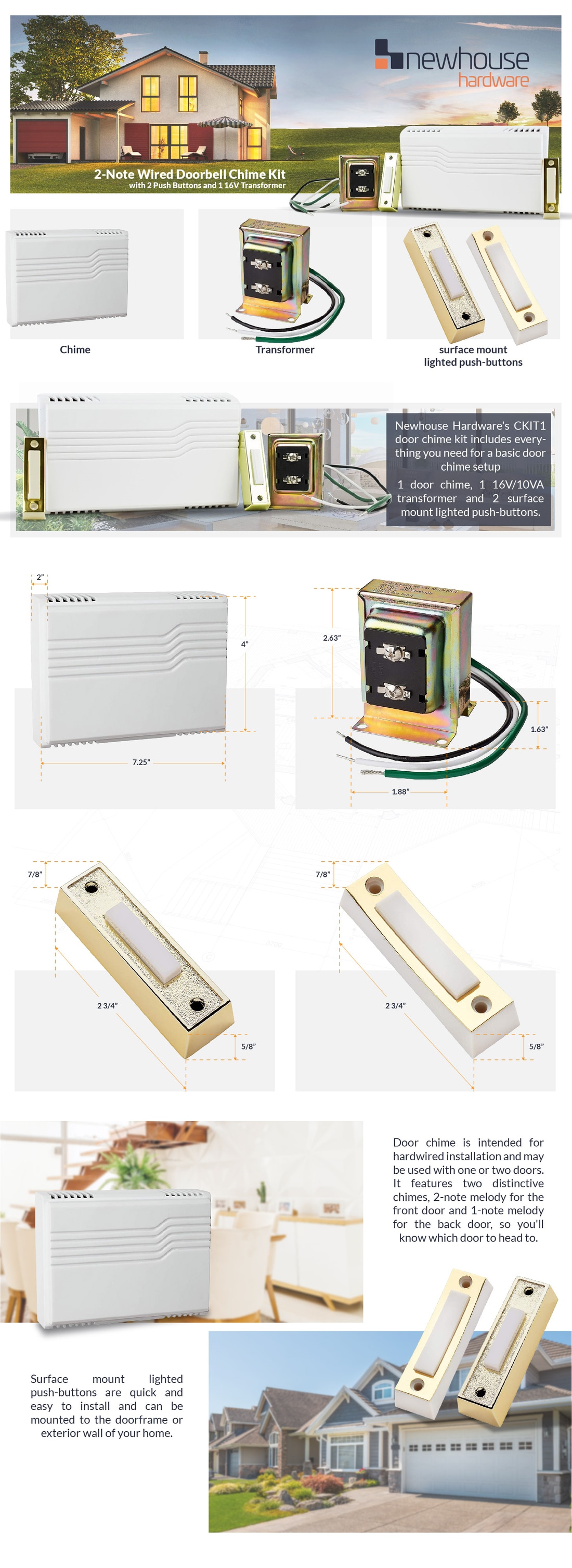 Newhouse Hardware 2Note Wired Doorbell Chime Kit with 2 Push Buttons